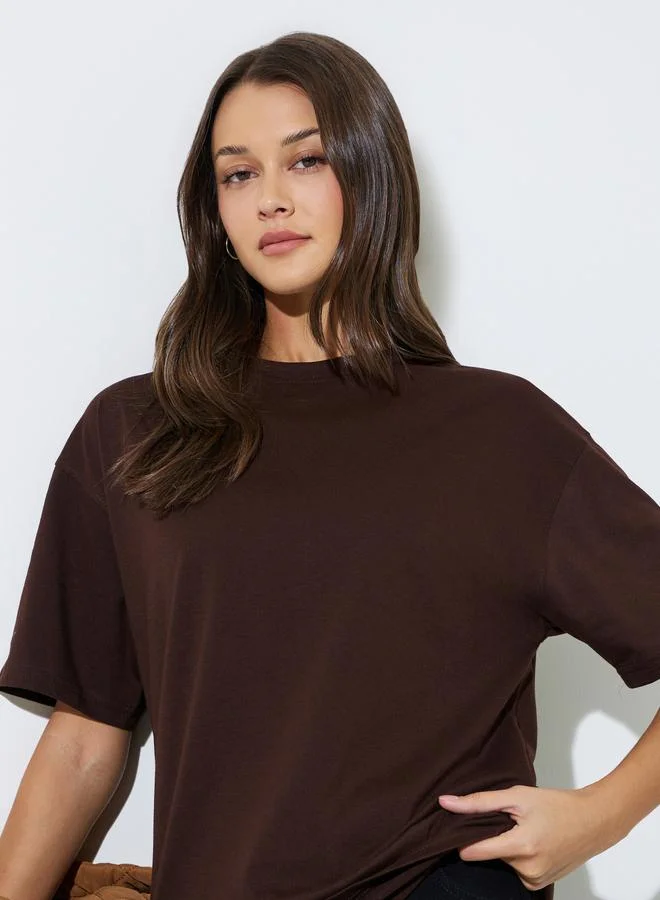 ستايلي Brown Round Neck Cotton Oversized T-Shirt