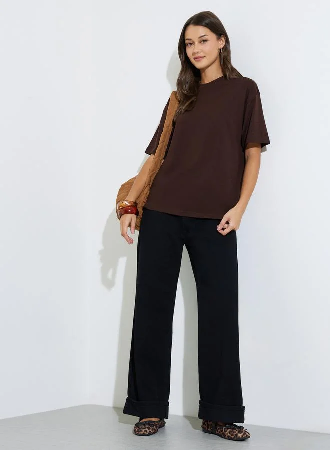 ستايلي Brown Round Neck Cotton Oversized T-Shirt
