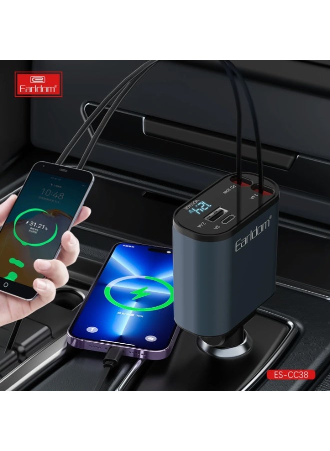 Earldom Earl­dom ES-CC38 66W Retractable Car Charger with Built in 80cm Type-C and Lightning Cables Multi-Port Fast Charging Adapter for 12V-24V - Image 3
