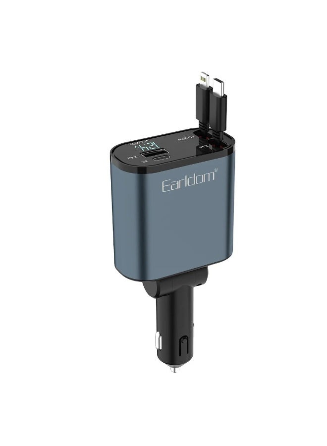 Earldom Earl­dom ES-CC38 66W Retractable Car Charger with Built in 80cm Type-C and Lightning Cables Multi-Port Fast Charging Adapter for 12V-24V - Image 1