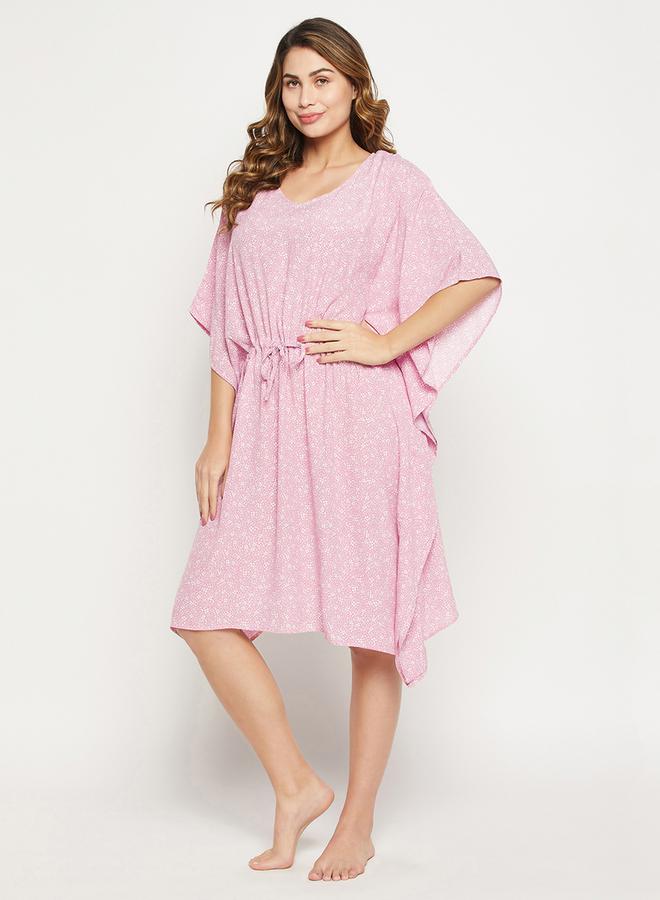 Clovia Clovia Women Pink 3/4 Sleeve Floral Print Kaftan Nightdress  - Image 4