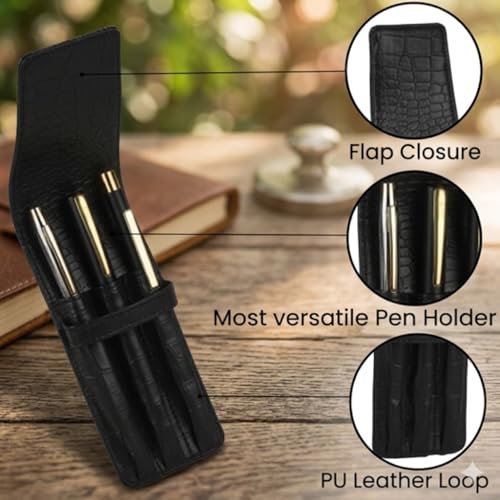 essart Faux Leather 3-Slot Pen Case with Secure Loop - Stylish & Durable, Perfect for Fountain Pens in Croco-Black Color - Image 2