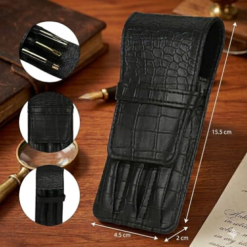 essart Faux Leather 3-Slot Pen Case with Secure Loop - Stylish & Durable, Perfect for Fountain Pens in Croco-Black Color - Image 3