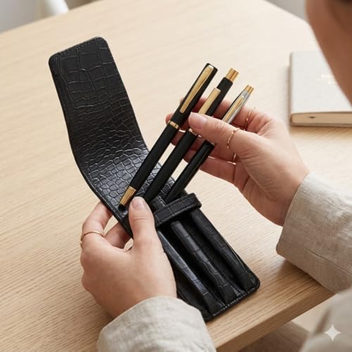 essart Faux Leather 3-Slot Pen Case with Secure Loop - Stylish & Durable, Perfect for Fountain Pens in Croco-Black Color - Image 4