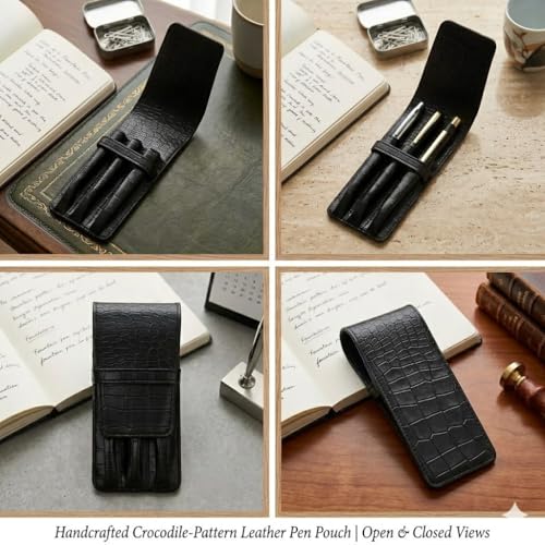 essart Faux Leather 3-Slot Pen Case with Secure Loop - Stylish & Durable, Perfect for Fountain Pens in Croco-Black Color - Image 5