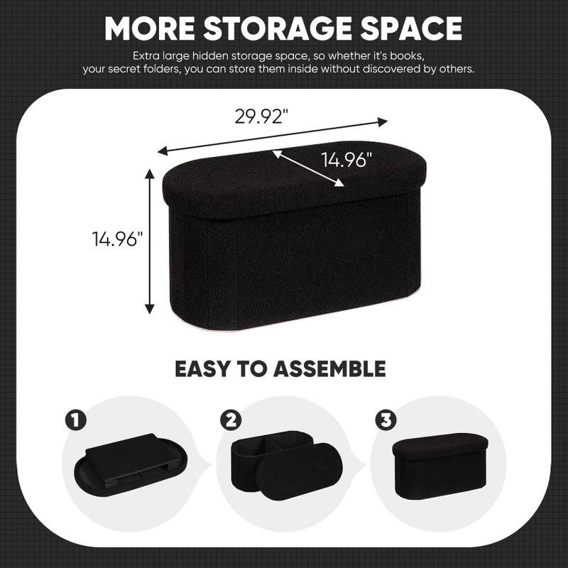 B FSOBEIIALEO Ottoman with Storage for Living Room, Sherpa Folding Storage Ottoman Foot Rest, 30 Inches Collapsible Bedroom Bench Black - Image 3