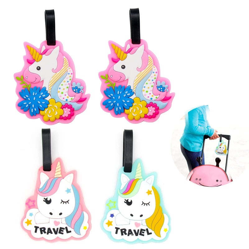 Unicorn Luggage Tag – 4 Pieces, Silicone, Cute, for Suitcase, Travel Bag Identification