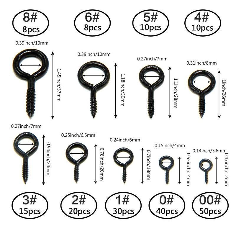 ECKJ Store 191pcs Screw Eyes Zinc Plated Metal Eye Hook Screw Self Tapping Screws Includes 9 Sizes Color Black - Image 3