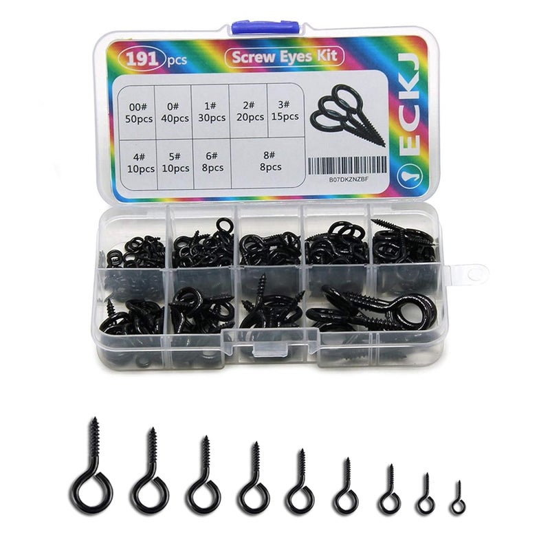 ECKJ Store 191pcs Screw Eyes Zinc Plated Metal Eye Hook Screw Self Tapping Screws Includes 9 Sizes Color Black - Image 1