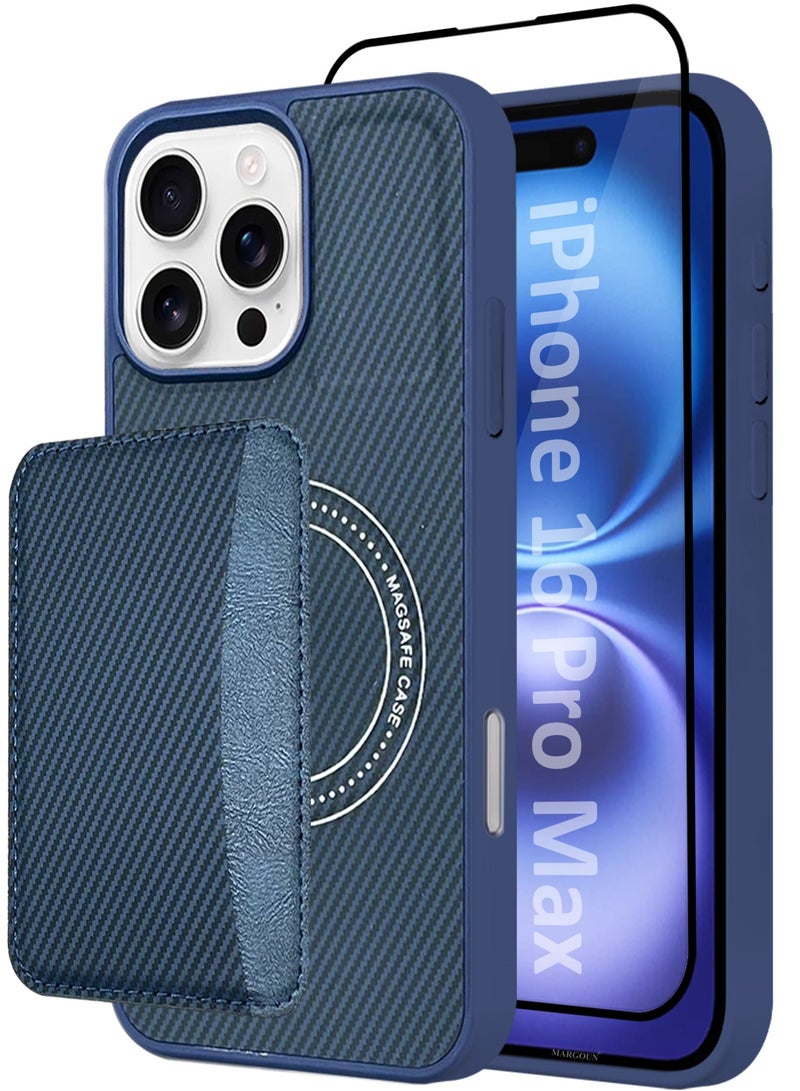 CATANES iPhone 16 Pro Max Case Leather 2Packs Antifingerprint Cover with Detachable Wallet Card Slot Shell Insert Card Holder Anti Fall Protection Carbon Fiber Design with 3D Screen Protector - Dark Blue  - Image 1