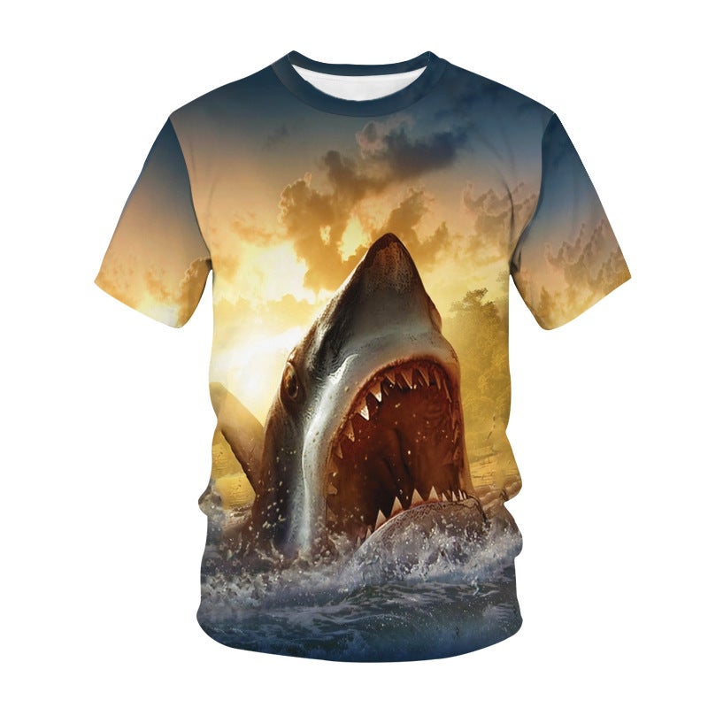 2022 summer cross-border new animal series Shark 3D digital printing men's loose short sleeve t-shirt - Image 1