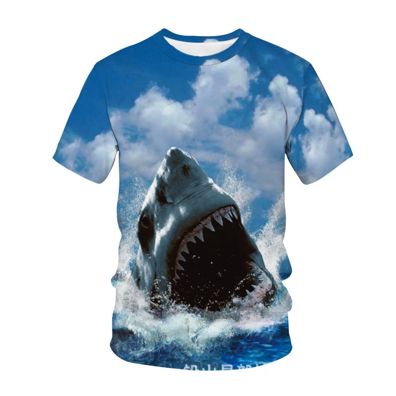 2022 summer cross-border new animal series Shark 3D digital printing men's loose short sleeve t-shirt - Image 2
