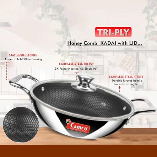 Camro Kadai with Glass Lid 3.1 Litre 24 Cm| Honeycomb Triply Kadhai for Cooking | Curry Stir-Fry Deep Fry Dry Veg | Cookware kadai with Steel Handle |Non Stick kadhai for Frying |Induction Base & Gas - Image 5