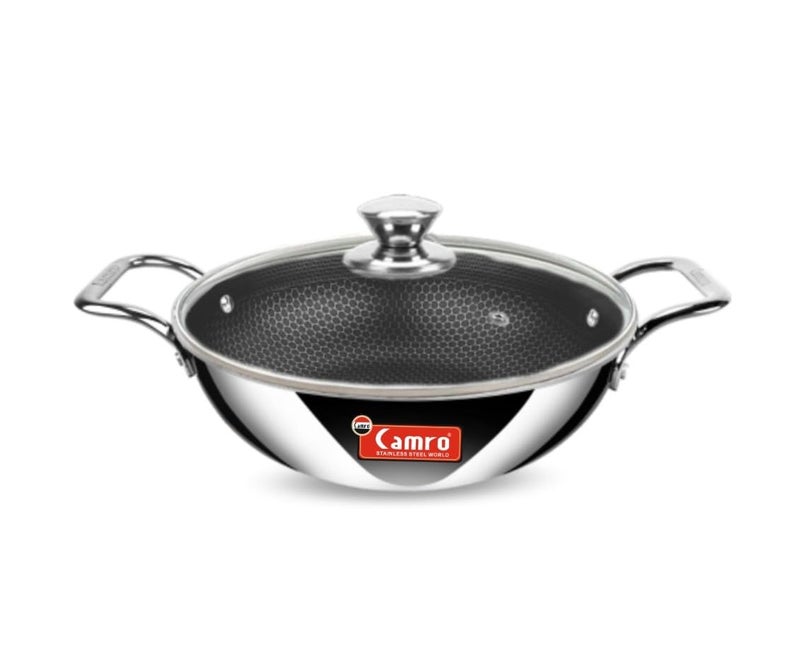 Camro Kadai with Glass Lid 3.1 Litre 24 Cm| Honeycomb Triply Kadhai for Cooking | Curry Stir-Fry Deep Fry Dry Veg | Cookware kadai with Steel Handle |Non Stick kadhai for Frying |Induction Base & Gas - Image 1