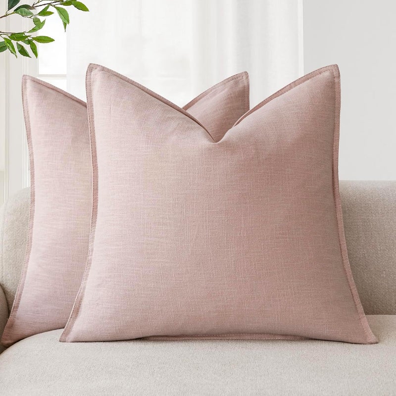 Foindtower Pack of 2, Decorative Linen Solid Throw Pillow Covers Soft Accent Cushion Case Boho Farmhouse Pillowcase for Bed Chair Couch Sofa Bedroom Living Room Home Decor 16 x 16 Inch Light Pink - Image 1