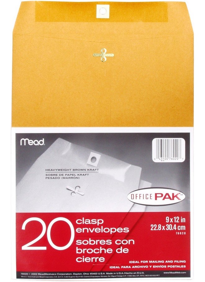 Mead Mead Mailing Envelopes, Clasp Closure, 9" X 12", All-Purpose 24-lb Paper, Brown Kraft Material, 20 per Box (76020)  - Image 1