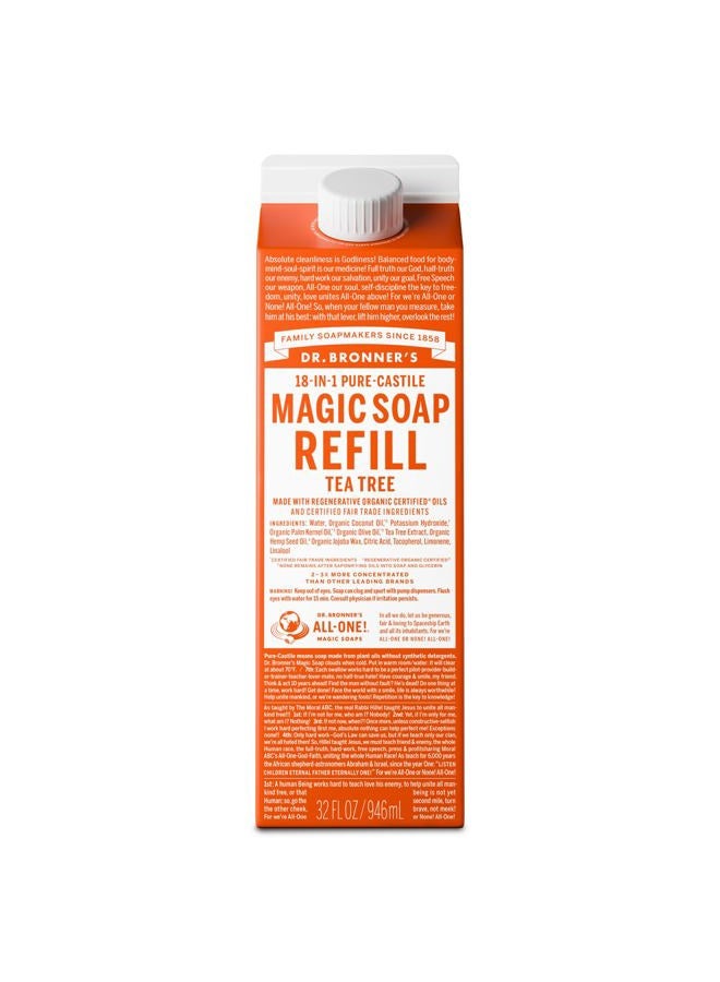 Dr. Bronner's Pure-Castile Liquid Soap Refill, 82% Less Plastic per Quart, Made with Organic Oils, 18-in-1 Uses, For Face, Body, Hand Soap Refill, Hair, Laundry, Pets & Dishes (32oz, Tea Tree) - Image 1