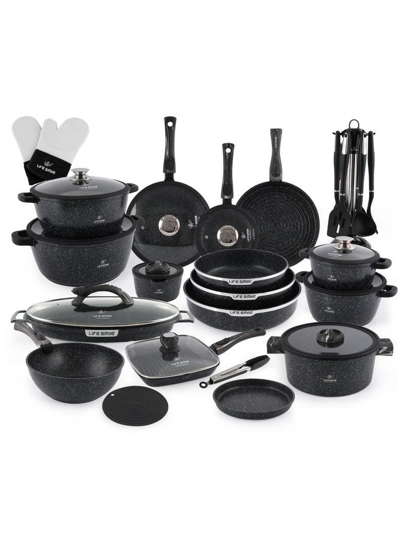 Life Smile 51 Pcs Non stick Cookware ,Life Smile Granite Coating Cooking pots ,Induction Base Cookwares ,Pots And Pans,Cookware set include Frying pan with lid,Saucepan with lid,Wok Pan,Stockpot,Steamer pot,Cutlery set with Holder,Oven Cake pans,Spatula,Oven gloves &Placemat  - Image 1