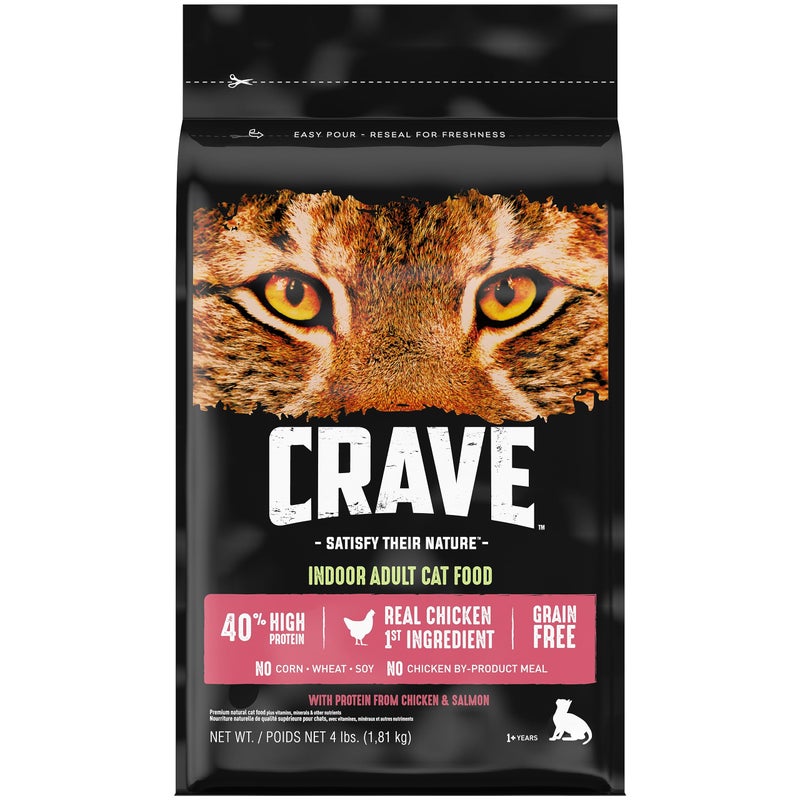 CRAVE Grain Free Indoor Adult High Protein Natural Dry Cat Food with Protein from Chicken & Salmon, 4 lb. Bag - Image 1