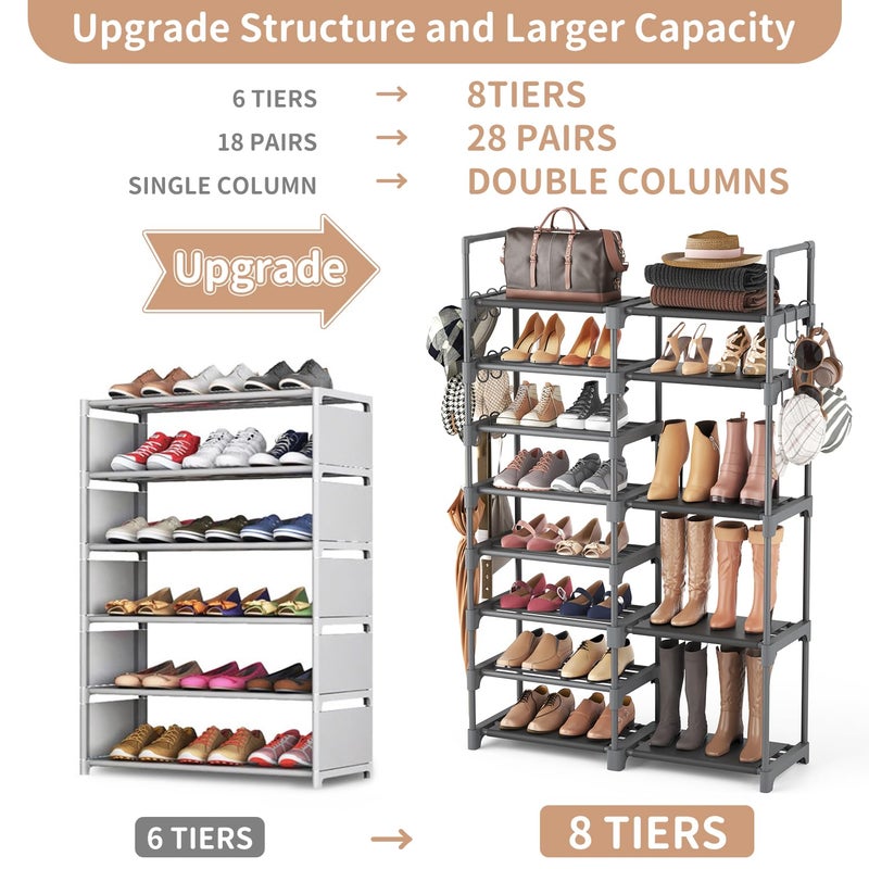 ROJASOP Shoe Rack, Shoe Storage Organizer for Closet Entryway Garage Bedroom, 8 Tier Tall Metal Shoe Shelf for 26-32 Pairs Boots & Shoes, Adjustable Shoe Stand for Small Space - Image 3