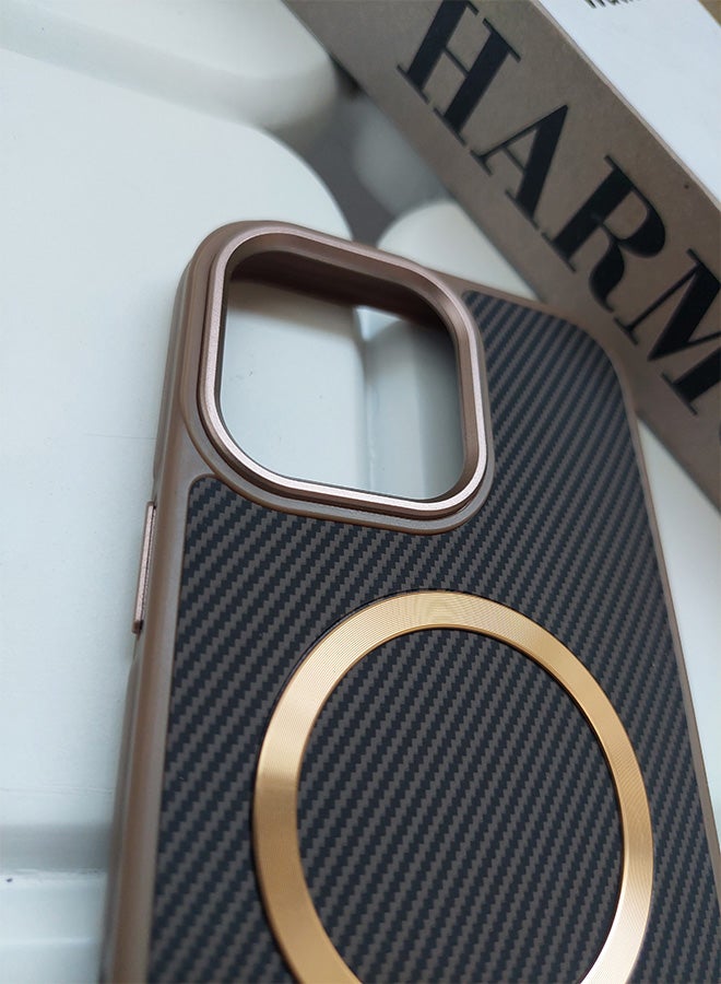 Magnetic Carbon Fiber Back Case for iPhone 12 Pro Max, Rugged Shockproof MagSafe Phone Case, Ultra Slim Case with Padded Interior to Prevent Your Phone's Back from Scratches, Supports Wireless Charging, Heavy Duty Protection and Anti-Scratch, for iPhone 12 Pro Max - Brown/Gold