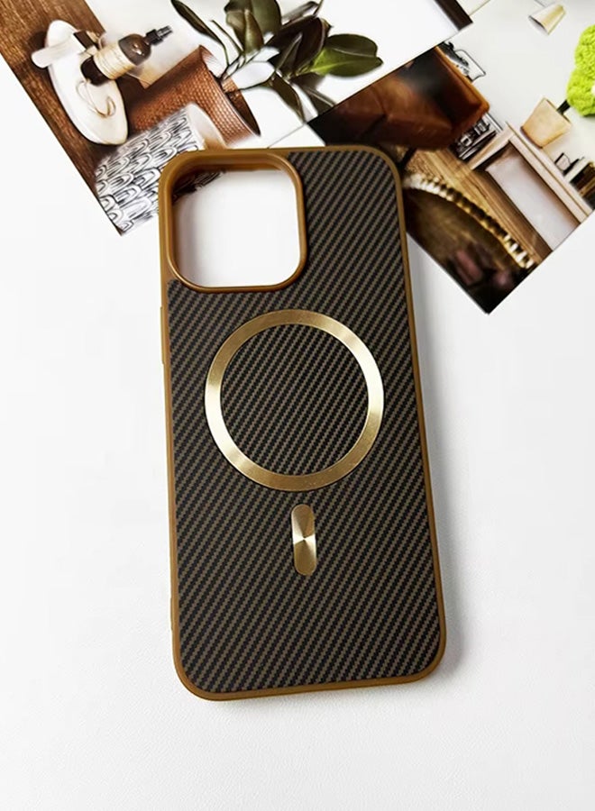 Magnetic Carbon Fiber Back Case for iPhone 12 Pro Max, Rugged Shockproof MagSafe Phone Case, Ultra Slim Case with Padded Interior to Prevent Your Phone's Back from Scratches, Supports Wireless Charging, Heavy Duty Protection and Anti-Scratch, for iPhone 12 Pro Max - Brown/Gold