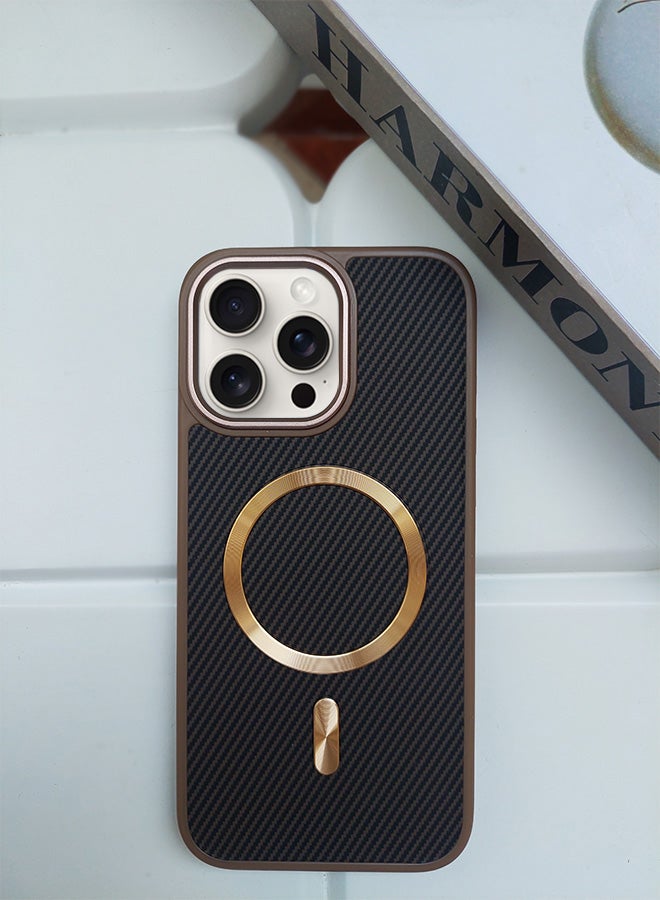 Magnetic Carbon Fiber Back Case for iPhone 12 Pro Max, Rugged Shockproof MagSafe Phone Case, Ultra Slim Case with Padded Interior to Prevent Your Phone's Back from Scratches, Supports Wireless Charging, Heavy Duty Protection and Anti-Scratch, for iPhone 12 Pro Max - Brown/Gold