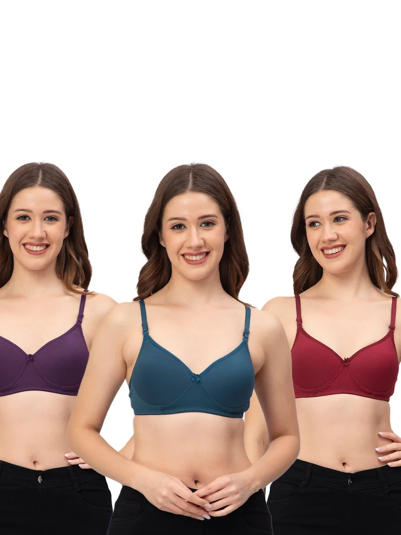 CEE 18 Cotton Non-Wired Padded Bra For Women (Blue Maroon and Purple)