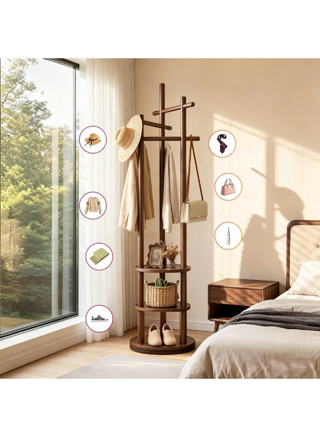 اكسيسن علاقة ملابس من الخشب الصلب، بقاعدة دوارة،حامل ملابس قائم بذاته  مع 3 طبقات من الرفوف الخشبية و3 قضبان تعليق بارتفاعات مختلفة،حامل معاطف مناسب لغرفة النوم، والمدخل، وغرفة المعيشة؛ لتعليق المعاطف، والأوشحة، وحقائب اليد - Image 3