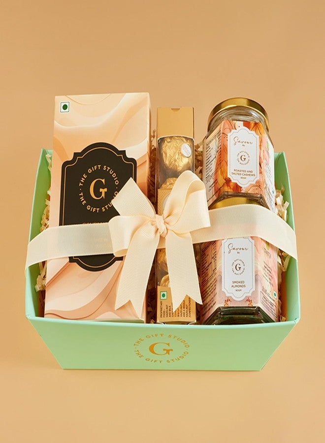THE GIFT STUDIO.COM Midnight Stash Premium Snack Gift Hamper | Smoked Almonds, Roasted & Salted Cashews, Cashew Brittle, Chocolate Gift Box | Gourmet Dry Fruit Hamper, Corporate Gifting. - Image 3