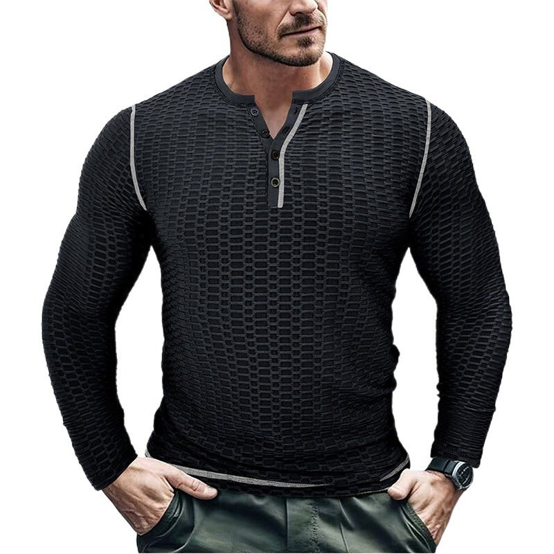 Autumn and Winter Sports Fitness Slim-fit Breathable Men''s Long-sleeved T-shirt and Men''s Bodybuilding Henry Shirt Top - Image 2