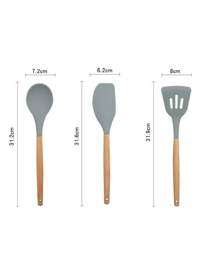 12 in 1 Silicone Wood Handle Heat-Resistant Cooking Cutlery Sets Gray,Silicone Kitchenware Non-stick Cookware Baking Tools Spatula Ladle Egg Beaters Shovel Spoon Soup Kitchen Utensils Set,Durable Kitchen Utensils Set, Silicone Cookware Set, Cooking Spatula Spoon for Non-Stick Heat Resistant Cookware.  - Image 4