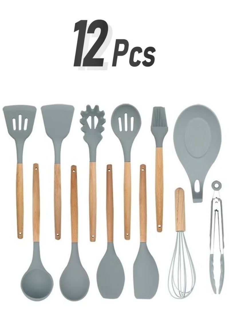 12 in 1 Silicone Wood Handle Heat-Resistant Cooking Cutlery Sets Gray,Silicone Kitchenware Non-stick Cookware Baking Tools Spatula Ladle Egg Beaters Shovel Spoon Soup Kitchen Utensils Set,Durable Kitchen Utensils Set, Silicone Cookware Set, Cooking Spatula Spoon for Non-Stick Heat Resistant Cookware.  - Image 1