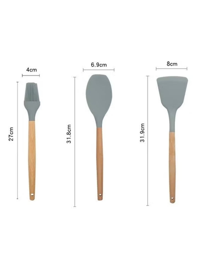 12 in 1 Silicone Wood Handle Heat-Resistant Cooking Cutlery Sets Gray,Silicone Kitchenware Non-stick Cookware Baking Tools Spatula Ladle Egg Beaters Shovel Spoon Soup Kitchen Utensils Set,Durable Kitchen Utensils Set, Silicone Cookware Set, Cooking Spatula Spoon for Non-Stick Heat Resistant Cookware.  - Image 5