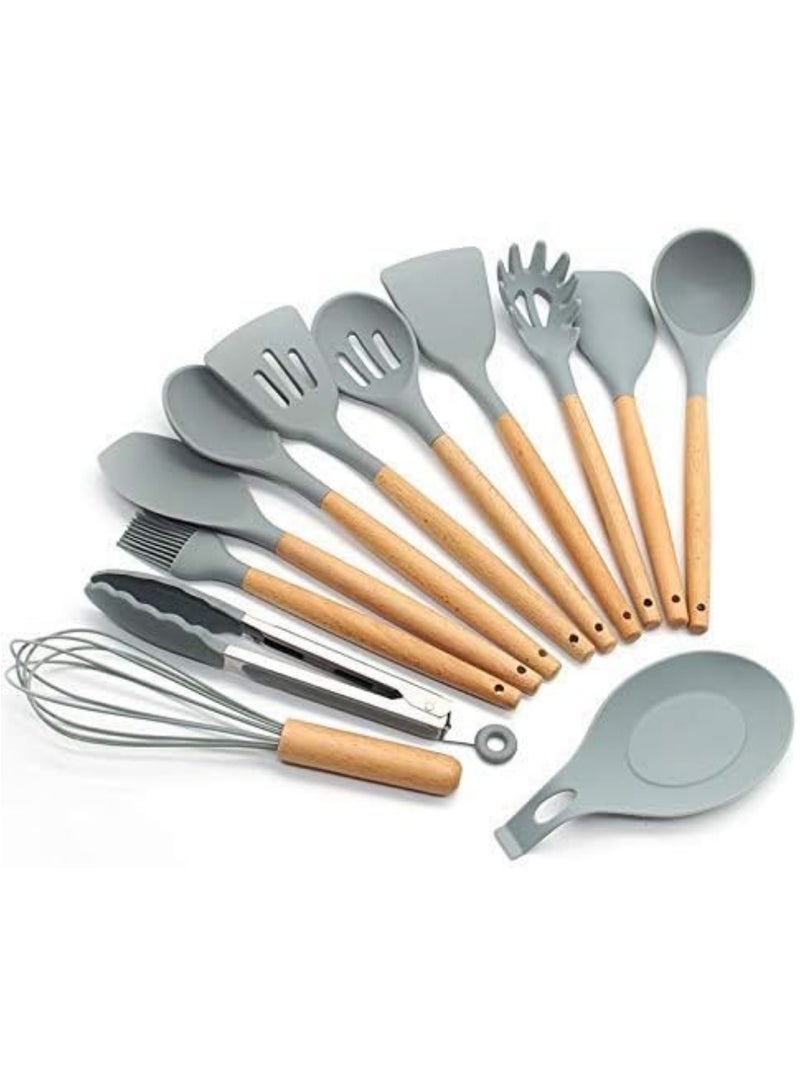 12 in 1 Silicone Wood Handle Heat-Resistant Cooking Cutlery Sets Gray,Silicone Kitchenware Non-stick Cookware Baking Tools Spatula Ladle Egg Beaters Shovel Spoon Soup Kitchen Utensils Set,Durable Kitchen Utensils Set, Silicone Cookware Set, Cooking Spatula Spoon for Non-Stick Heat Resistant Cookware.  - Image 2