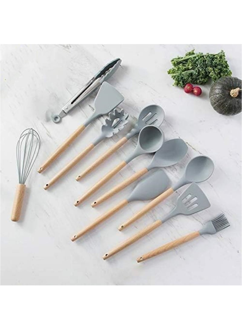 12 in 1 Silicone Wood Handle Heat-Resistant Cooking Cutlery Sets Gray,Silicone Kitchenware Non-stick Cookware Baking Tools Spatula Ladle Egg Beaters Shovel Spoon Soup Kitchen Utensils Set,Durable Kitchen Utensils Set, Silicone Cookware Set, Cooking Spatula Spoon for Non-Stick Heat Resistant Cookware.  - Image 3