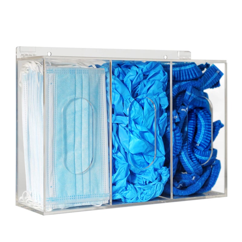 Aphbrada Hairnet Shoe Cover Dispenser Triple Disposable Mask Plastic Glove Box Holder with Lid Wall Mount Acrylic Clear Storage Containers for Organizing Sanitation Tool Case Clear