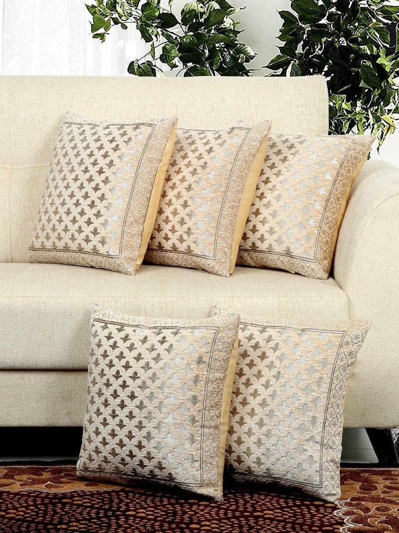 LOOMLYFE Jacquard Geomteric Cushion Covers 16 Inch X 16 Inch Set Of 5 Ethnic Motifs Cushion Covers,Design- Star,Color- Beige, 240 TC - Image 1