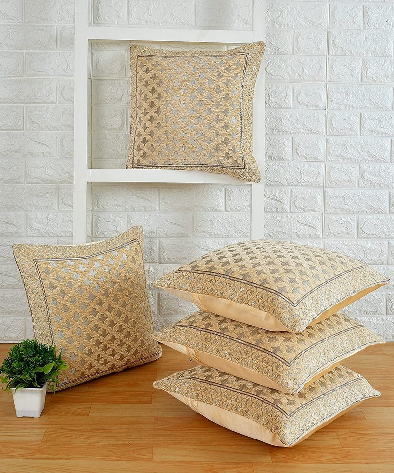 LOOMLYFE Jacquard Geomteric Cushion Covers 16 Inch X 16 Inch Set Of 5 Ethnic Motifs Cushion Covers,Design- Star,Color- Beige, 240 TC - Image 2