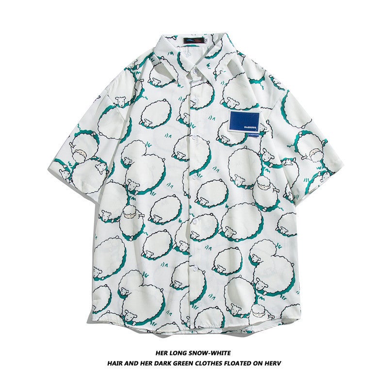 Generic New Mens Beach Shirt Surfing Seaside Short-sleeved Floral Shirt Coconut Tree Seaside Hawaiian Loose Printed Shirt 1252 white