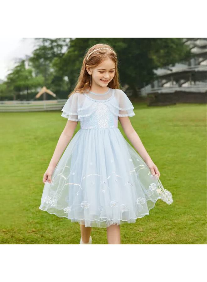 Ask Junior Girls' Summer Dress, Lightweight Children's Dress, Classic Fashionable Tulle Princess Dress, Blue, Size 150 - Image 1