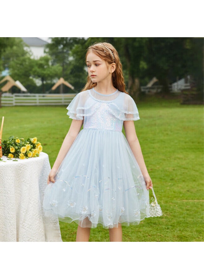 Ask Junior Girls' Summer Dress, Lightweight Children's Dress, Classic Fashionable Tulle Princess Dress, Blue, Size 150 - Image 4