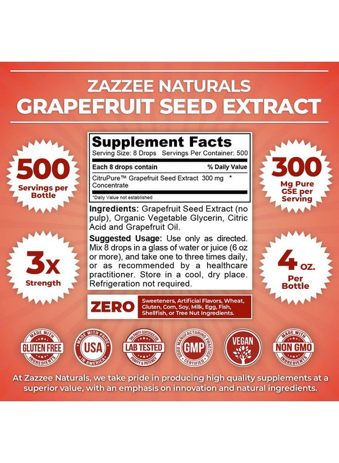 Zazzee زاززي GSE، 3X قوة ثلاثية، 4 أونصات، 500 حصة، 300 ملغ لكل حصة، مركز سائل من مستخلص بذور الجريب فروت مع البيوفلافونويد، نباتي، خالي من الغلوتين، طبيعي بالكامل، مصنوع في الولايات المتحدة الأمريكية - Image 2
