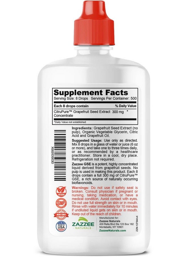 Zazzee زاززي GSE، 3X قوة ثلاثية، 4 أونصات، 500 حصة، 300 ملغ لكل حصة، مركز سائل من مستخلص بذور الجريب فروت مع البيوفلافونويد، نباتي، خالي من الغلوتين، طبيعي بالكامل، مصنوع في الولايات المتحدة الأمريكية - Image 4
