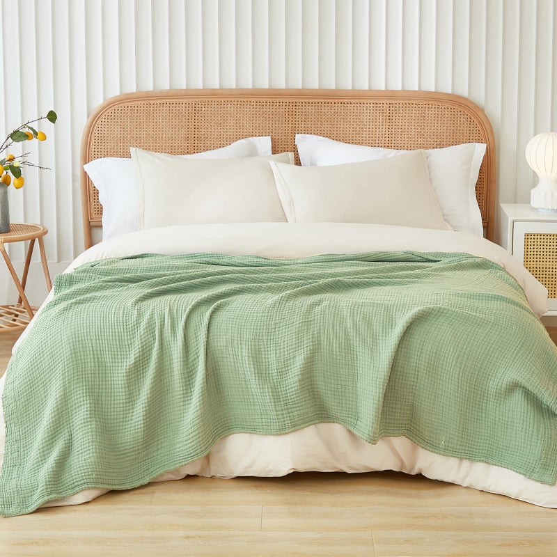 EMME Cotton Queen Size Bed Blanket  Soft Breathable All Season Gauze 80x90 Sage Green