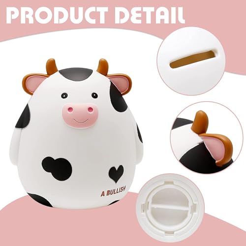 H&W Cow Piggy Bank, Unbreakable Coin Box for Kids, Cute Animal Money Bank Birthday for Boys Girls,Coin Saving Boxes (White) - Image 3