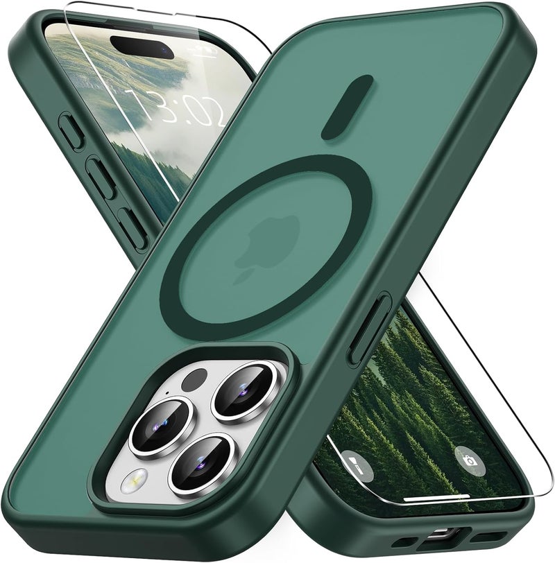 Vansdon Magnetic for iPhone 15 Pro Case with 1 Protective Glass, Compatible with Magsafe, Military Standard Drop Protection, Translucent Matte Back, Shockproof Mobile Phone Case, Dark Green - Image 1