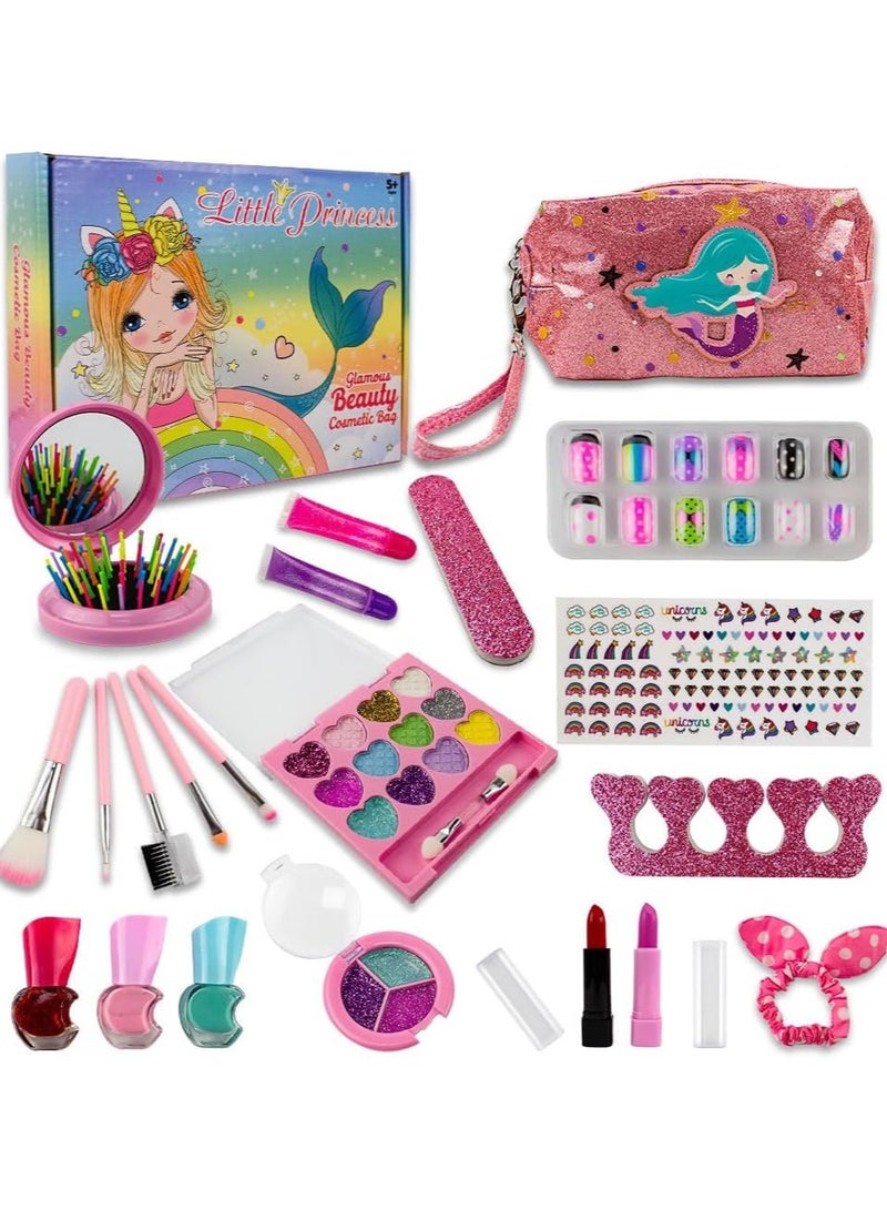UKR Mermaid Kids Makeup Set – Girls Cosmetics Vanity Case with Storage Bag | Includes Eyeshadow, Glitter, Nail Polish & Stickers | Perfect Birthday Gift for Girls | Fun Pretend Play & Creative Makeup Kit - Image 1