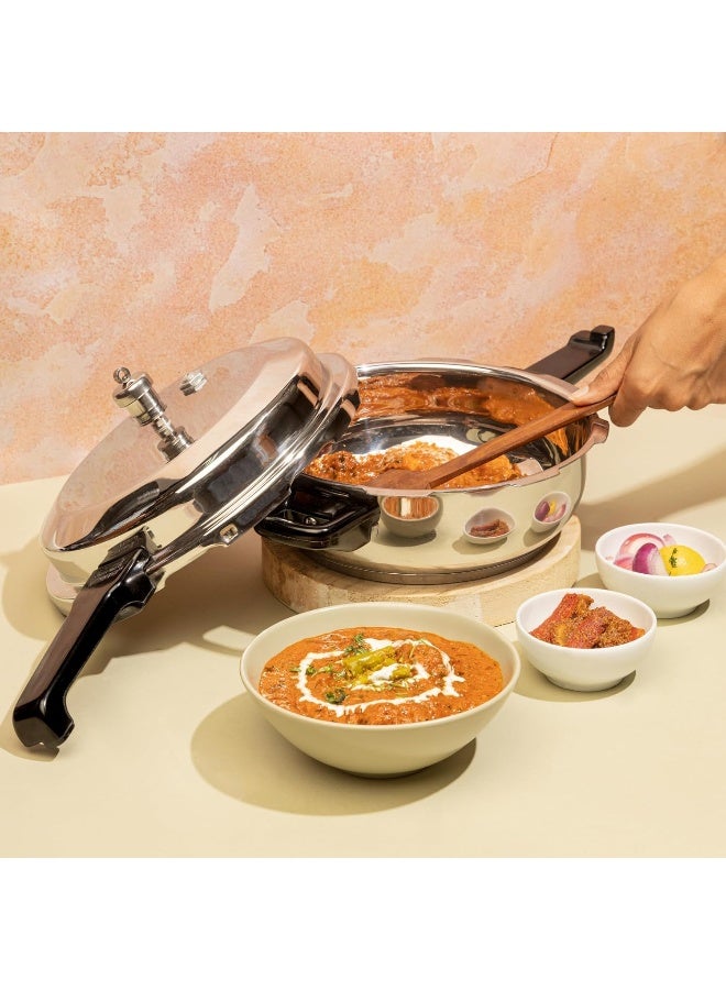VINOD 4.5Liters Stainless Steel Deep Pan Pressure Cooker 4.5 Litres | Dual Use as Fry Pan & Cooker | Sandwich Bottom | Induction & Gas Compatible | ISI & CE Certified | Silver Finish silver - Image 2