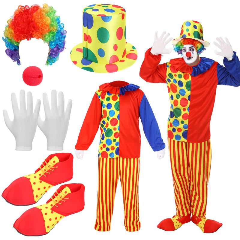 Funtery 7 Pcs Clown Costumes Set Includes Shoes Nose Hat Wig Gloves for Adults Halloween Clown CostumesXL